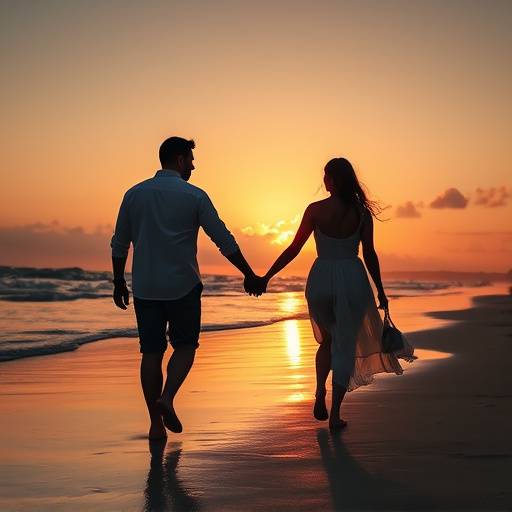 Casal apaixonado caminhando de mãos dadas na praia ao entardecer em Salvador, com o sol se pondo no horizonte, criando uma atmosfera romântica.