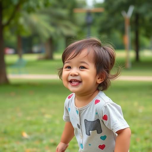 Crianäa brincando alegremente em um parque, cercada por balões coloridos e sorrindo para a câmera.