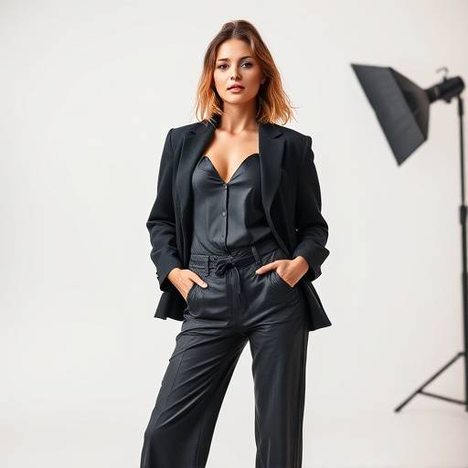 Foto de um modelo posando com roupa de moda em um estüdio.