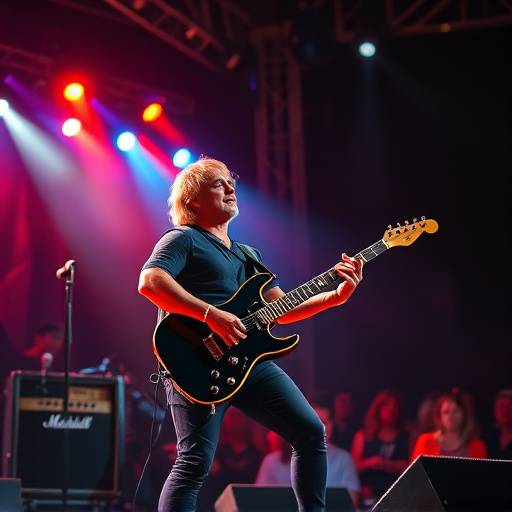 Foto de um müsico tocando violão em um show ao vivo.