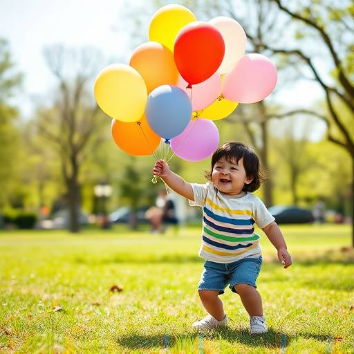 Foto de uma crianäa brincando em um parque com balões coloridos.