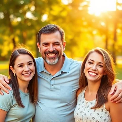Fotografia de família sorrindo em um parque ensolarado.