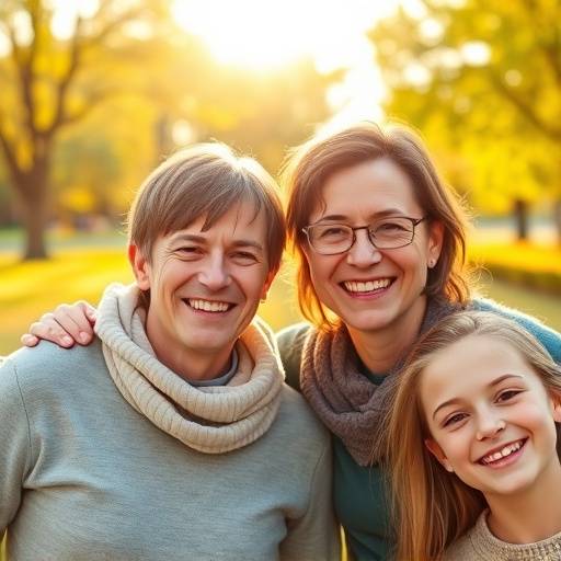 Fotografia de família sorrindo em um parque ensolarado.