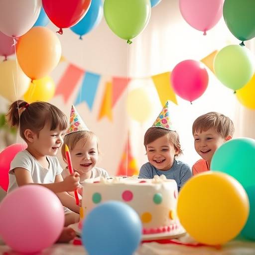Fotografia de festa de aniversário infantil com balões coloridos.