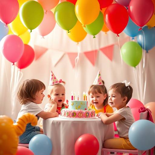 Fotografia de festa de aniversário infantil com balões coloridos.
