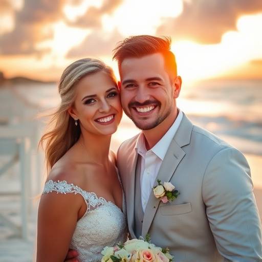 Fotografia de um casamento na praia com noivos sorrindo.