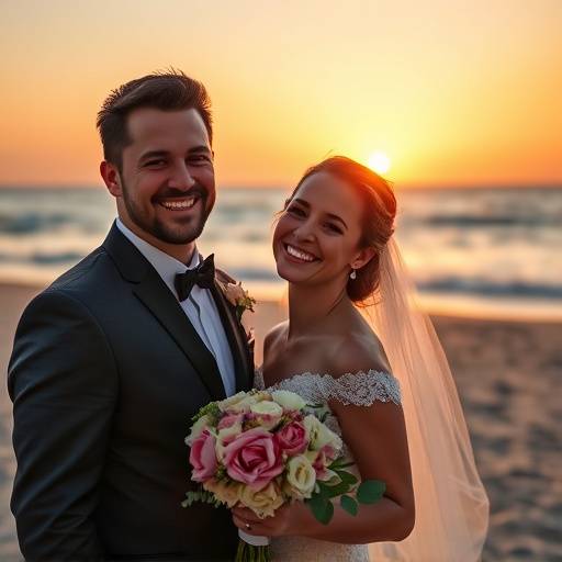 Fotografia de um casamento na praia em Salvador, com os noivos sorrindo ao pôr do sol.