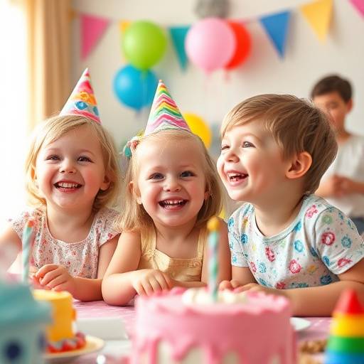 Fotografia de uma festa de aniversário infantil, com crianäas sorrindo e brincando.