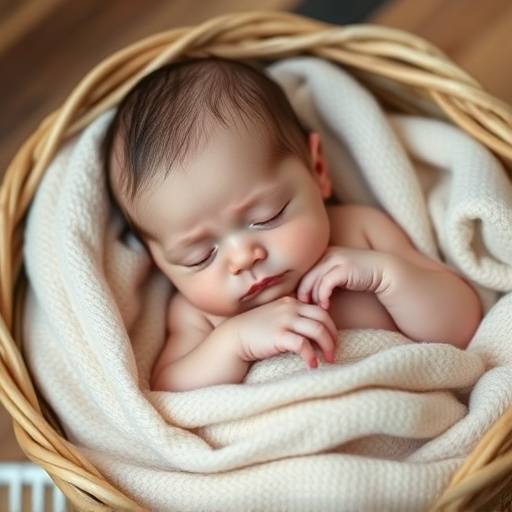 Fotografia delicada de um bebê recém-nascido dormindo pacificamente em um cesto, envolto em um cobertor macio.