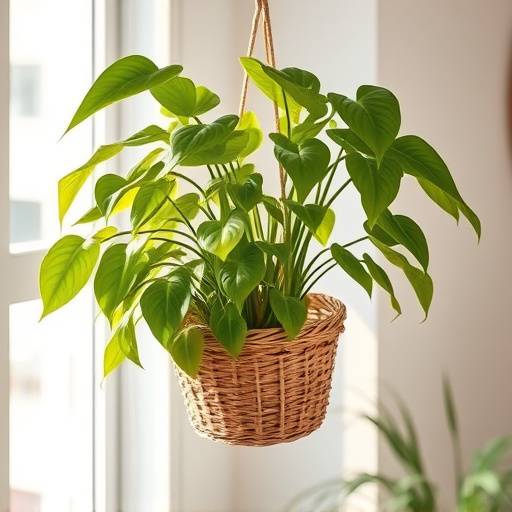 Jiboia (Epipremnum aureum) pendente em um cesto suspenso.