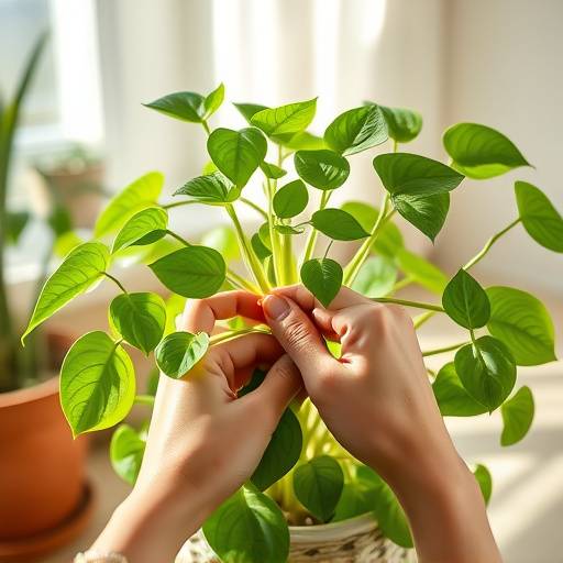 Mãos podando uma Jiboia para estimular o crescimento.