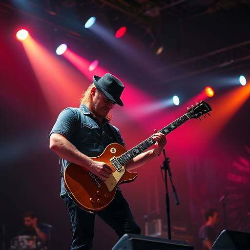 Müsico tocando violão durante um show ao vivo, com a iluminaäão do palco criando uma atmosfera vibrante e emocionante.