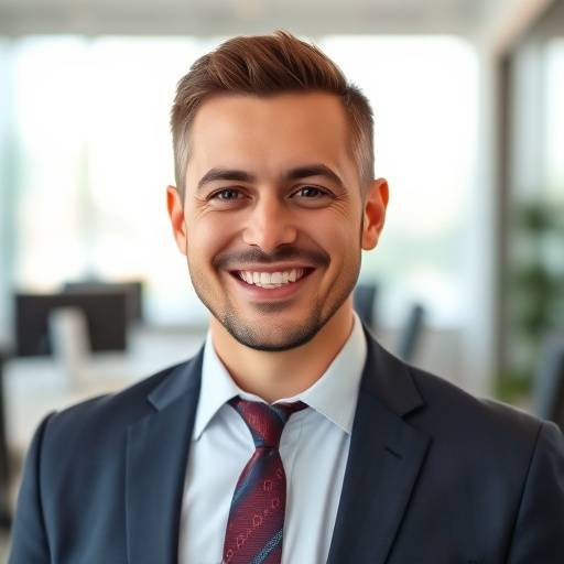 Retrato profissional de um empresário sorrindo em seu escritório, transmitindo confianäa e sucesso.