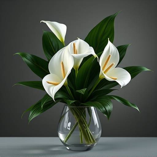 Um Lírio da Paz (Spathiphyllum) com suas flores brancas elegantes e folhas verdes escuras em um vaso moderno.