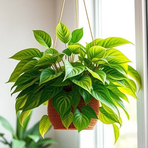 Uma Jiboia (Epipremnum aureum) pendurada em um cesto, mostrando suas folhas verde vibrantes e variegadas.